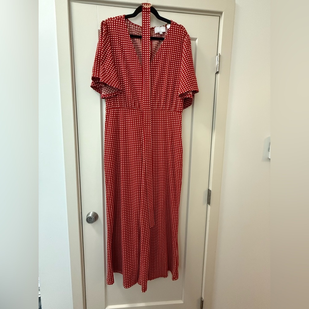 Anthropologie Red and White Gingham Belted Jumpsuit
